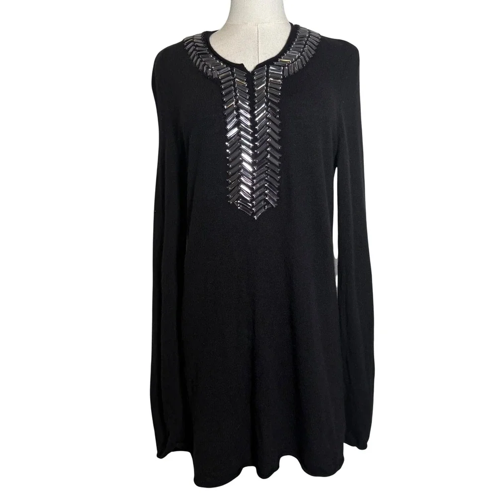 Tory Burch Black Wool Beaded Tunic Sweater Split Neck Baguette Beads Medium